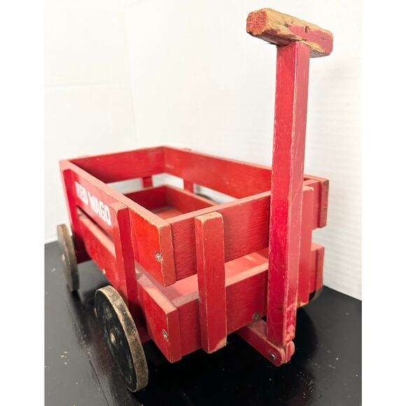 Antique Wooden Wagon Childrens Pull Toy, RED WAGON About 14"x11" Baby Decor - Picture 5 of 10